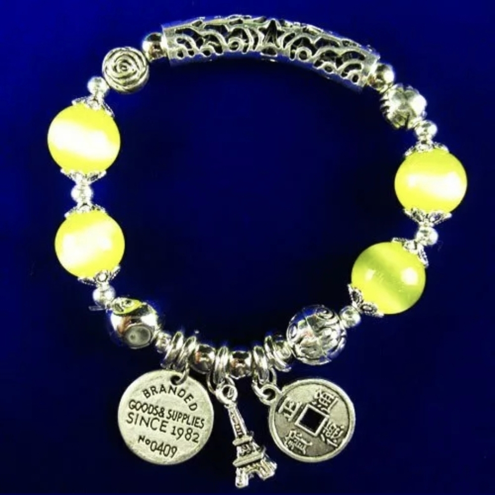New Yellow Cats Eye Silver Charms Protection Bracelet.